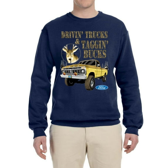 Wild Bobby, Driving Trucks and Taggin Bucks Retro Ford F150 Hunting, Cars and Trucks, Unisex Crewneck Graphic Sweatshirt, Navy, Medium