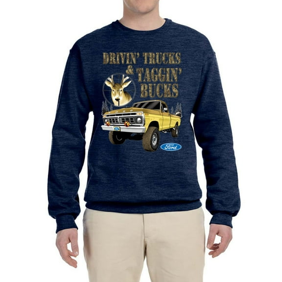 Wild Bobby, Driving Trucks and Taggin Bucks Retro Ford F150 Hunting, Cars and Trucks, Unisex Crewneck Graphic Sweatshirt, Vintage Heather Navy, Large