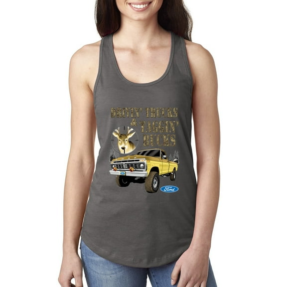 Wild Bobby, Driving Trucks and Taggin Bucks Retro Ford F150 Hunting, Cars and Trucks, Women Racerback Tank Top, Dark Grey, X-Large