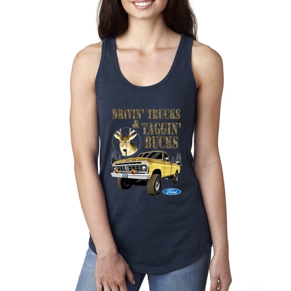 Wild Bobby, Driving Trucks and Taggin Bucks Retro Ford F150 Hunting, Cars and Trucks, Women Racerback Tank Top, Navy, X-Large