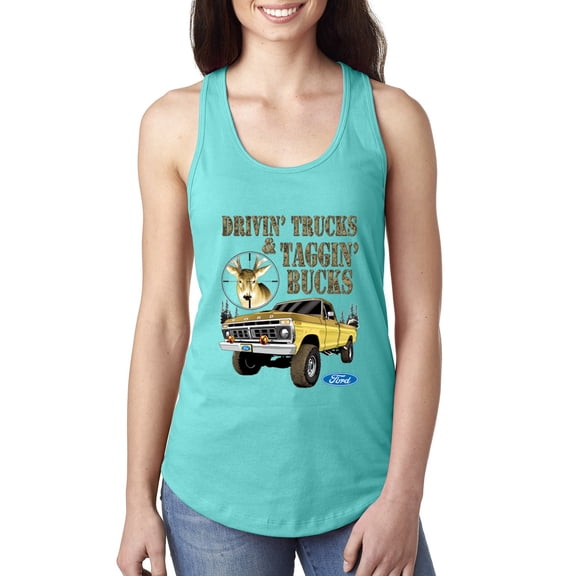 Wild Bobby, Driving Trucks and Taggin Bucks Retro Ford F150 Hunting, Cars and Trucks, Women Racerback Tank Top, Tahiti Blue, Large
