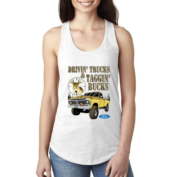 Wild Bobby, Driving Trucks and Taggin Bucks Retro Ford F150 Hunting, Cars and Trucks, Women Racerback Tank Top, White, X-Large