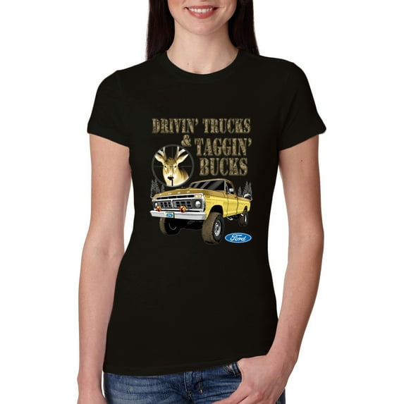 Wild Bobby, Driving Trucks and Taggin Bucks Retro Ford F150 Hunting, Cars and Trucks, Women Slim Fit Junior Tee, Black, Small