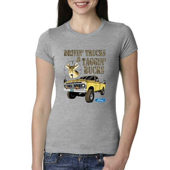 Wild Bobby, Driving Trucks and Taggin Bucks Retro Ford F150 Hunting, Cars and Trucks, Women Slim Fit Junior Tee, Heather Grey, Small