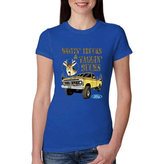 Wild Bobby, Driving Trucks and Taggin Bucks Retro Ford F150 Hunting, Cars and Trucks, Women Slim Fit Junior Tee, Royal, Large