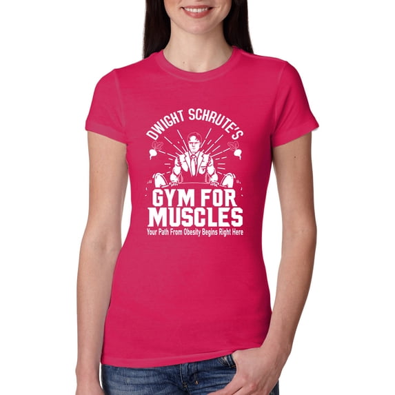 Dwight Schrute's Gym for Muscles Pop Culture Womens Slim Fit Junior Tee, Raspberry, X-Large