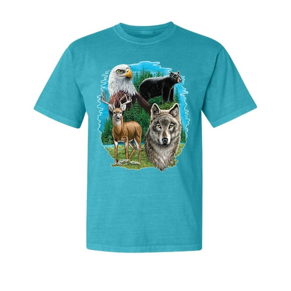 Wild Bobby, Eagle Bear Deer and Wolf, Animal Lover, Garment-Dyed Washed Look Short Sleeve T-Shirt, Blue Lagoon, Small