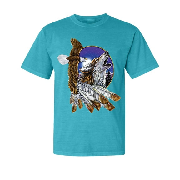 Wild Bobby, Eagle and Howling Wolf, Animal Lover, Garment-Dyed Washed Look Short Sleeve T-Shirt, Blue Lagoon, Small