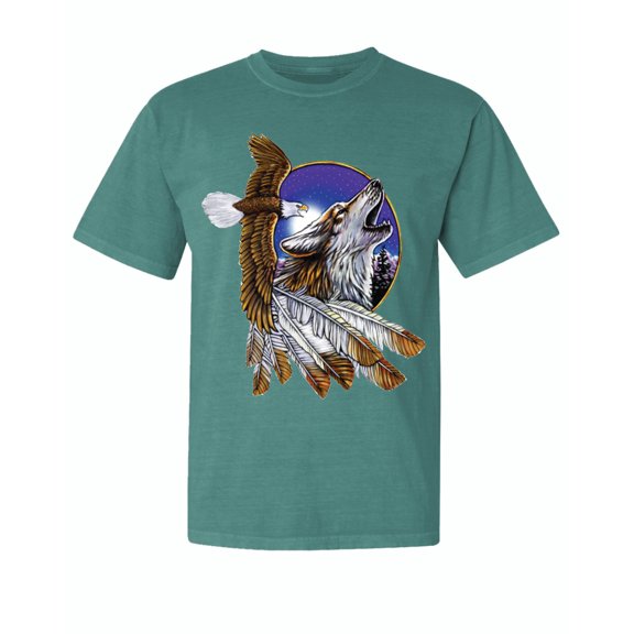 Wild Bobby, Eagle and Howling Wolf, Animal Lover, Garment-Dyed Washed Look Short Sleeve T-Shirt, Emerald, Medium
