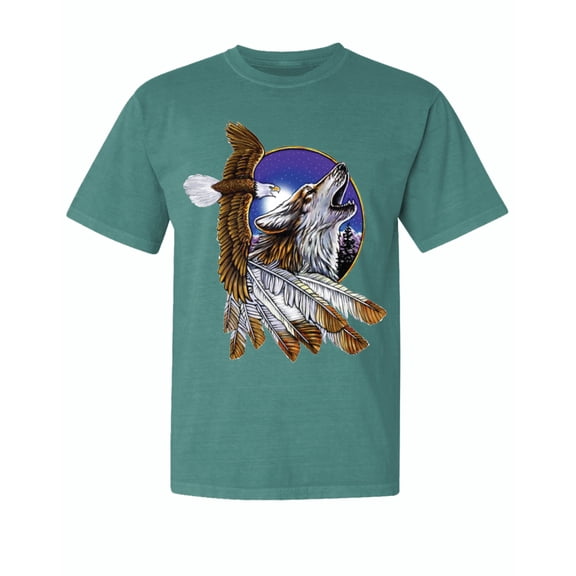 Wild Bobby, Eagle and Howling Wolf, Animal Lover, Garment-Dyed Washed Look Short Sleeve T-Shirt, Emerald, X-Large
