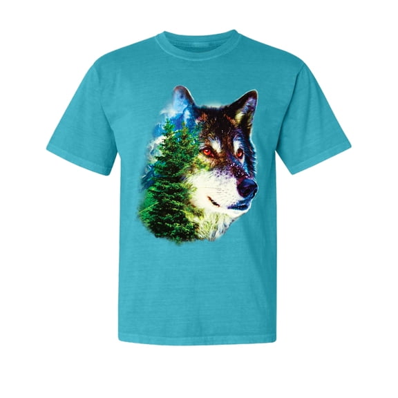 Wild Bobby, Earth Wolf Trees Mountains Nature, Animal Lover, Garment-Dyed Washed Look Short Sleeve T-Shirt, Blue Lagoon, Small