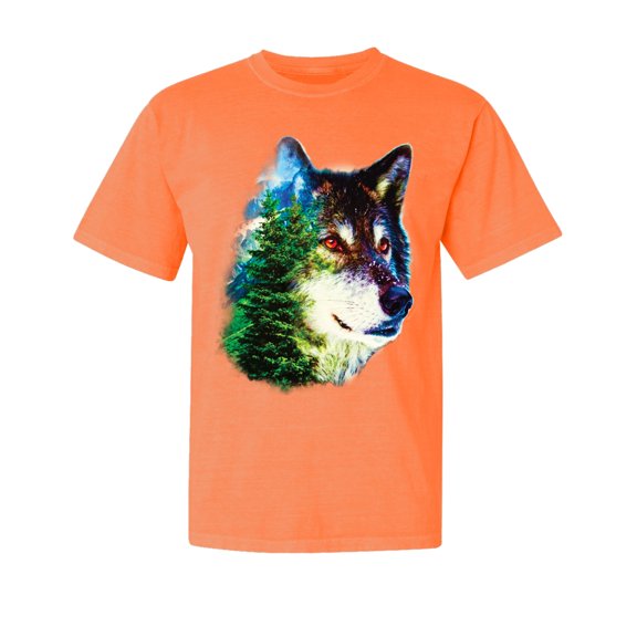 Wild Bobby, Earth Wolf Trees Mountains Nature, Animal Lover, Garment-Dyed Washed Look Short Sleeve T-Shirt, Neon Orange, 2XL