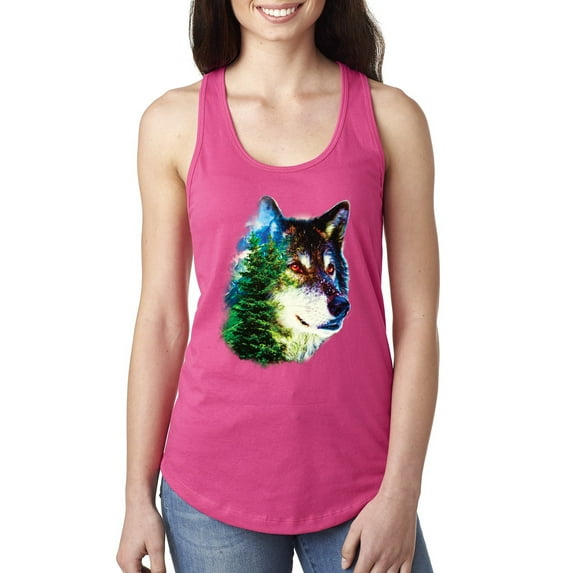 Wild Bobby, Earth Wolf Trees Mountains Nature Animal Lover Ladies Racerback Tank Top, Raspberry, Medium