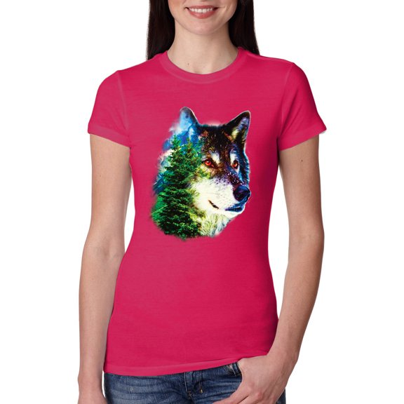 Wild Bobby, Earth Wolf Trees Mountains Nature Animal Lover Womens Slim Fit Junior Tee, Raspberry, Small