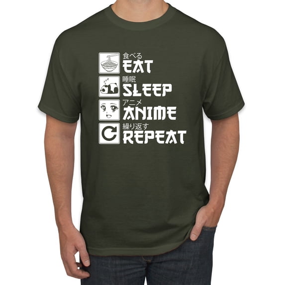 Wild Bobby, Eat Sleep Anime Repeat, Anime, Men Graphic Tee, Military Green, Small
