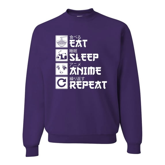 Wild Bobby, Eat Sleep Anime Repeat, Anime, Unisex Crewneck Graphic Sweatshirt, Purple, X-Large