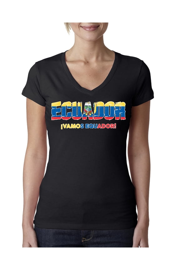 Ecuador Flag Pride Graphic Vamos Ecuador Coat of Arms | Unisex Novelty Graphic T-Shirt | Soccer Football Fan Gift for Men Women Junior Fit V-Neck Tee