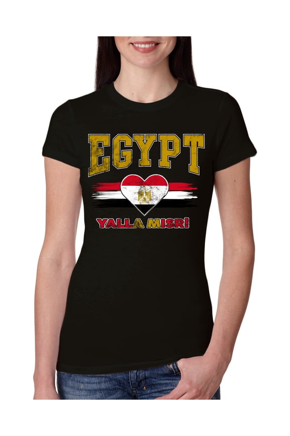 Egypt Flag Heart Yalla Misr Graphic | Women's Novelty T-Shirt | Soccer Football Fan Game Day Gift for Her Women Slim Fit Junior Tee