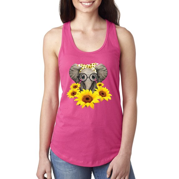 Wild Bobby, Elephant Sunflower Cute Love Animal Lover Ladies Racerback Tank Top, Raspberry, X-Large