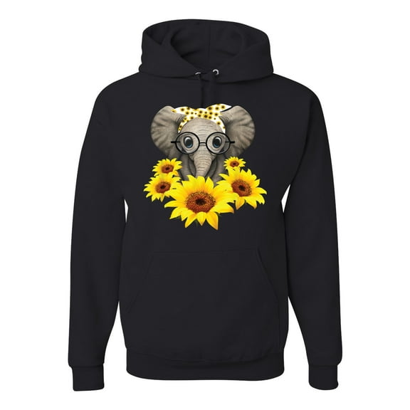 Wild Bobby, Elephant Sunflower Cute Love Animal Lover Unisex Graphic Hoodie Sweatshirt, Black, Large