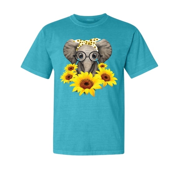 Wild Bobby,Elephant Sunflower Cute Love, Streetwear, Garment-Dyed Washed Look Short Sleeve T-Shirt, Blue Lagoon, Small