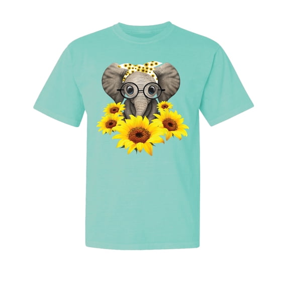 Wild Bobby,Elephant Sunflower Cute Love, Streetwear, Garment-Dyed Washed Look Short Sleeve T-Shirt, Mint, Small