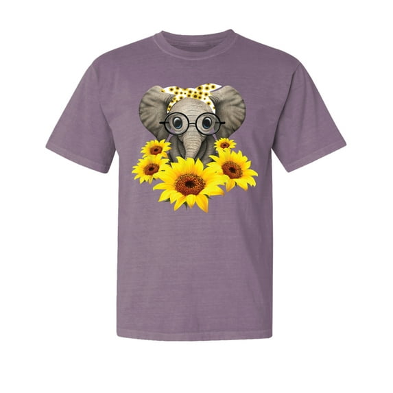 Wild Bobby,Elephant Sunflower Cute Love, Streetwear, Garment-Dyed Washed Look Short Sleeve T-Shirt, Rosewood, Medium