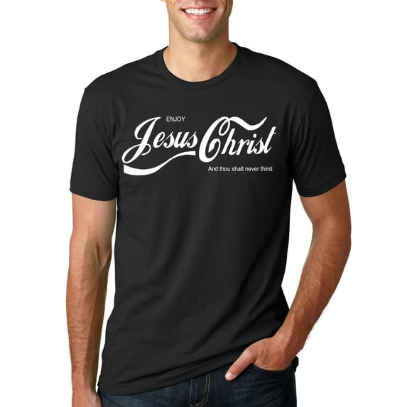 Wild Bobby, Enjoy Jesus Christ and Thou Shalt Never Thirst Coke Parody Inspirational/Christian Men Premium Graphic Tee, Black, Small
