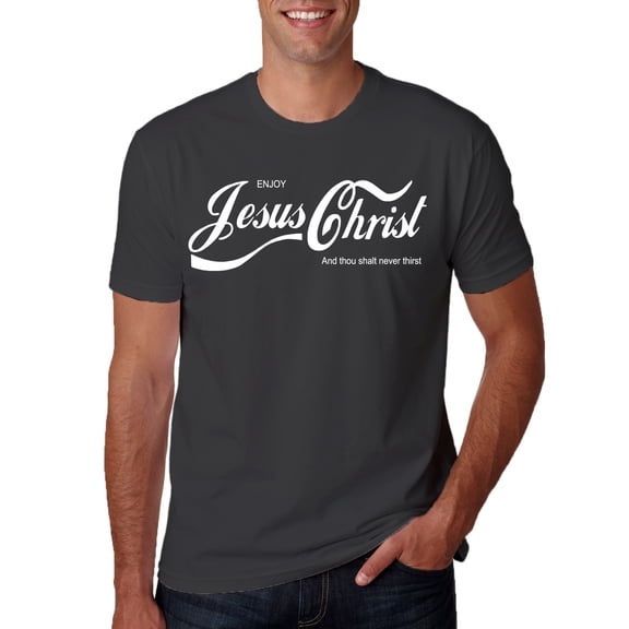 Wild Bobby, Enjoy Jesus Christ and Thou Shalt Never Thirst Coke Parody Inspirational/Christian Men Premium Graphic Tee, Charcoal, XX-Large