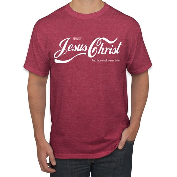 Wild Bobby Enjoy Jesus Christ and Thou Shalt Never Thirst Coke Parody Inspirational/Christian Men's Graphic T-Shirt, Vintage Heather Red, Small