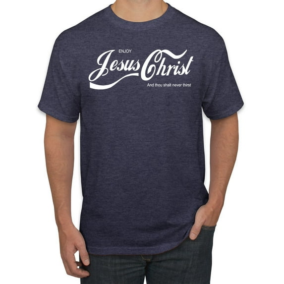 Wild Bobby, Enjoy Jesus Christ and Thou Shalt Never Thirst Coke Parody | Mens Inspirational/Christian Graphic T-Shirt, Vintage Heather Navy, X-Large