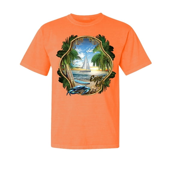Wild Bobby, Enjoy Life Vintage Beach Surf Sailboat, Garment-Dyed Washed Look Short Sleeve Tees, Neon Orange, Small