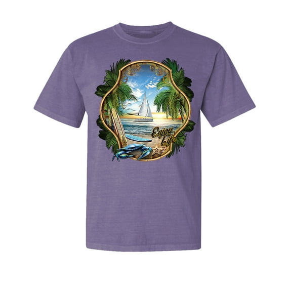 Wild Bobby, Enjoy Life Vintage Beach Surf Sailboat, Garment-Dyed Washed Look Short Sleeve Tees, Purple, Large