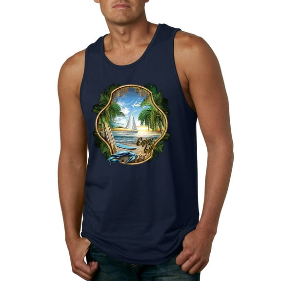 Wild Bobby, Enjoy Life Vintage Beach Surf Sailboat, Pop Culture, Men Graphic Tank Top, Navy, X-Large
