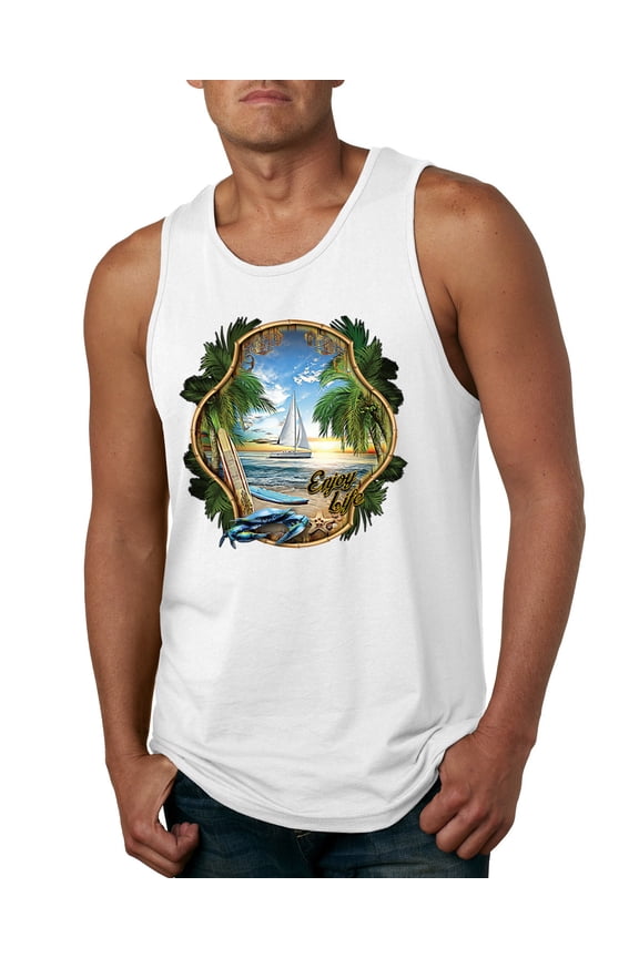 , Enjoy Life Vintage Beach Surf Sailboat, Pop Culture, Men Graphic Tank Top, White, Medium