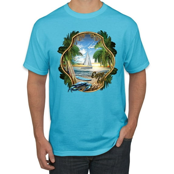Wild Bobby, Enjoy Life Vintage Beach Surf Sailboat, Pop Culture, Men Graphic Tee, Light Turquoise, XX-Large