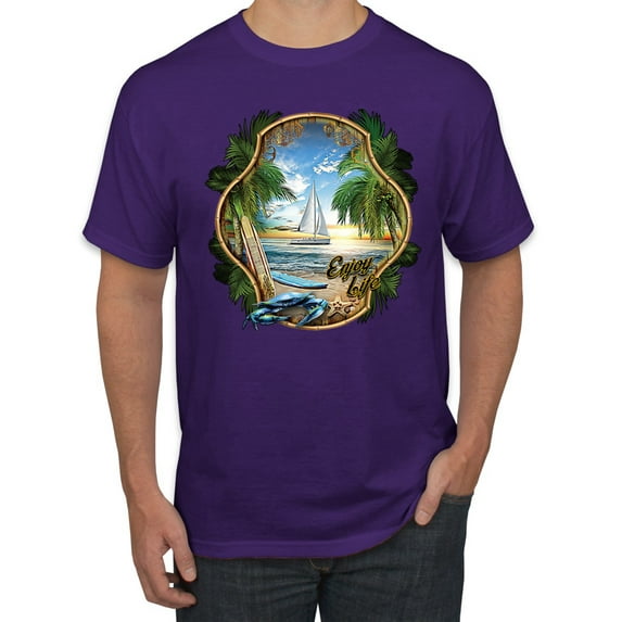 Wild Bobby, Enjoy Life Vintage Beach Surf Sailboat, Pop Culture, Men Graphic Tee, Purple, Large