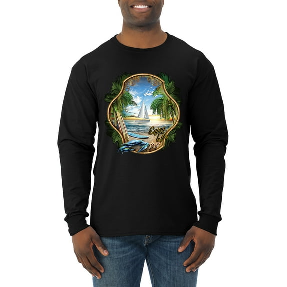 Wild Bobby, Enjoy Life Vintage Beach Surf Sailboat, Pop Culture, Men Long Sleeve Shirt, Black, Medium