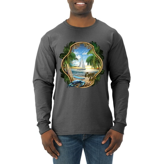Wild Bobby, Enjoy Life Vintage Beach Surf Sailboat, Pop Culture, Men Long Sleeve Shirt, Heather Black, Medium