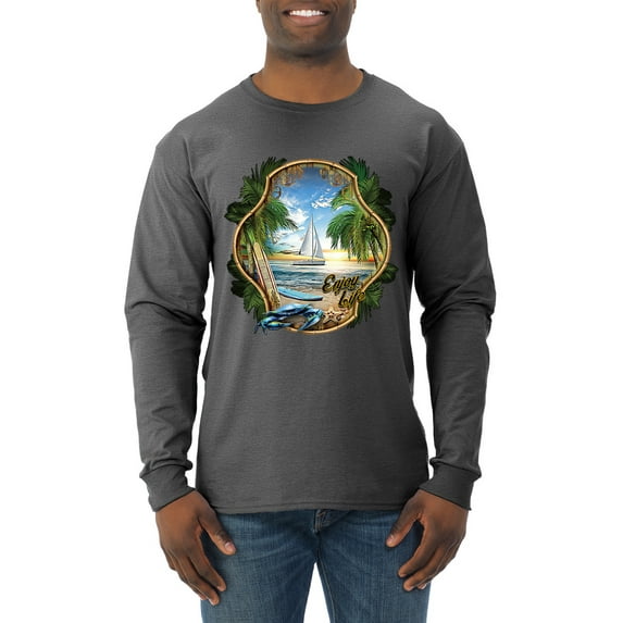 Wild Bobby, Enjoy Life Vintage Beach Surf Sailboat, Pop Culture, Men Long Sleeve Shirt, Heather Black, X-Large