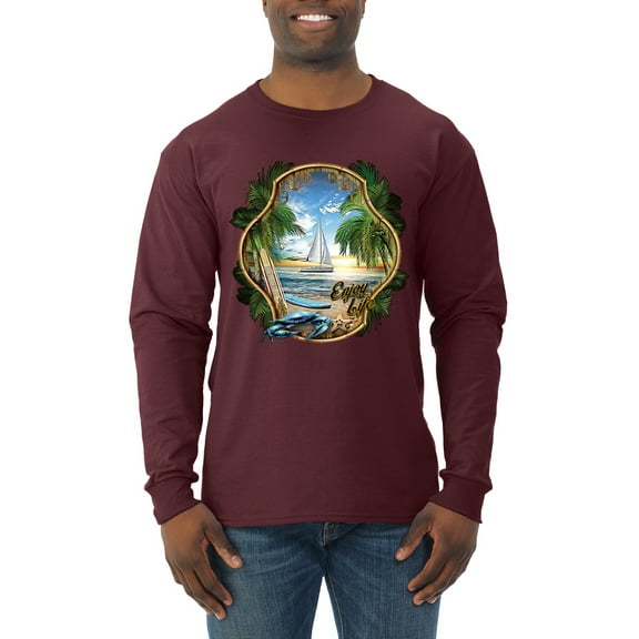 Wild Bobby, Enjoy Life Vintage Beach Surf Sailboat, Pop Culture, Men Long Sleeve Shirt, Maroon, Large
