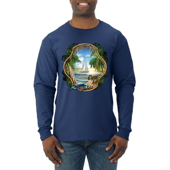 Wild Bobby, Enjoy Life Vintage Beach Surf Sailboat, Pop Culture, Men Long Sleeve Shirt, Navy, XX-Large