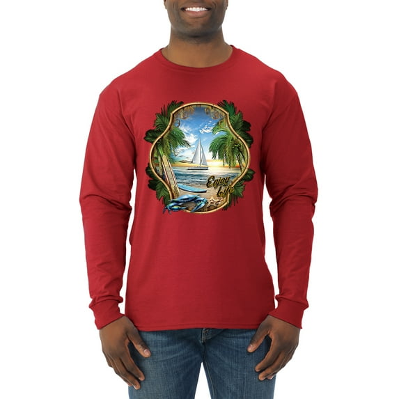 Wild Bobby, Enjoy Life Vintage Beach Surf Sailboat, Pop Culture, Men Long Sleeve Shirt, Red, Large