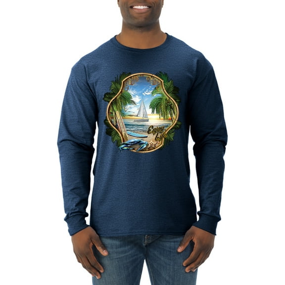Wild Bobby, Enjoy Life Vintage Beach Surf Sailboat, Pop Culture, Men Long Sleeve Shirt, Vintage Heather Navy, Small