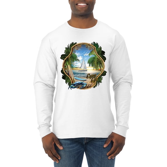 Wild Bobby, Enjoy Life Vintage Beach Surf Sailboat, Pop Culture, Men Long Sleeve Shirt, White, Medium