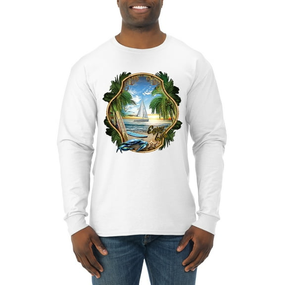 Wild Bobby, Enjoy Life Vintage Beach Surf Sailboat, Pop Culture, Men Long Sleeve Shirt, White, Medium