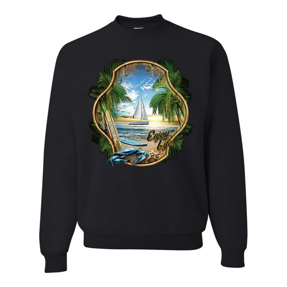 Wild Bobby, Enjoy Life Vintage Beach Surf Sailboat, Pop Culture, Unisex Crewneck Graphic Sweatshirt, Black, Small