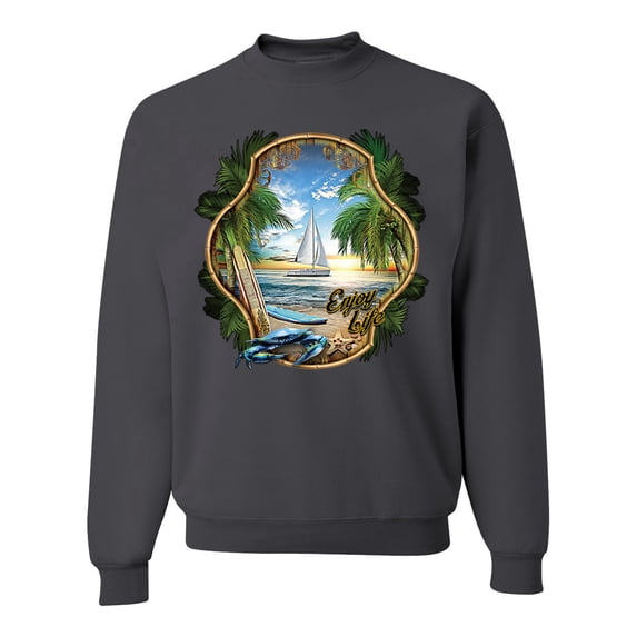 Wild Bobby, Enjoy Life Vintage Beach Surf Sailboat, Pop Culture, Unisex Crewneck Graphic Sweatshirt, Charcoal, Large