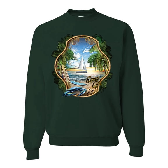 Wild Bobby, Enjoy Life Vintage Beach Surf Sailboat, Pop Culture, Unisex Crewneck Graphic Sweatshirt, Forest Green, XX-Large