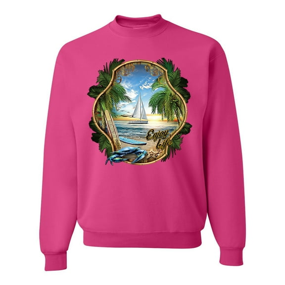 Wild Bobby, Enjoy Life Vintage Beach Surf Sailboat, Pop Culture, Unisex Crewneck Graphic Sweatshirt, Fuschia, 3X-Large